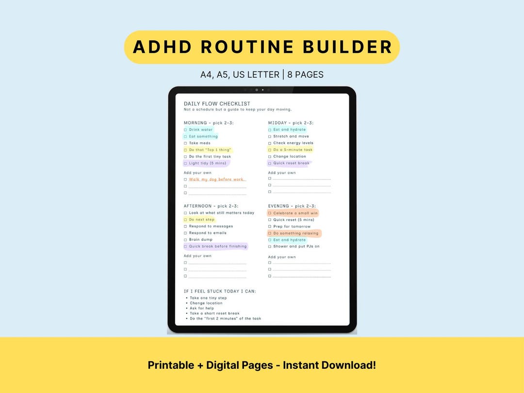 ADHD Routine Builder Printable and Fillable, Habit Stacking & Reset ...