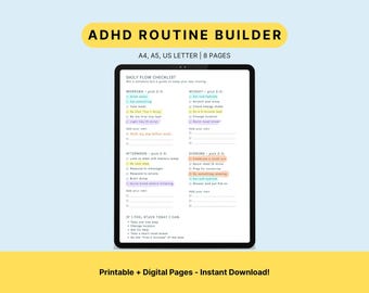 Printbare en invulbare pagina's voor het opbouwen van een ADHD-routine, inclusief pagina's voor het stapelen en resetten van gewoonten.