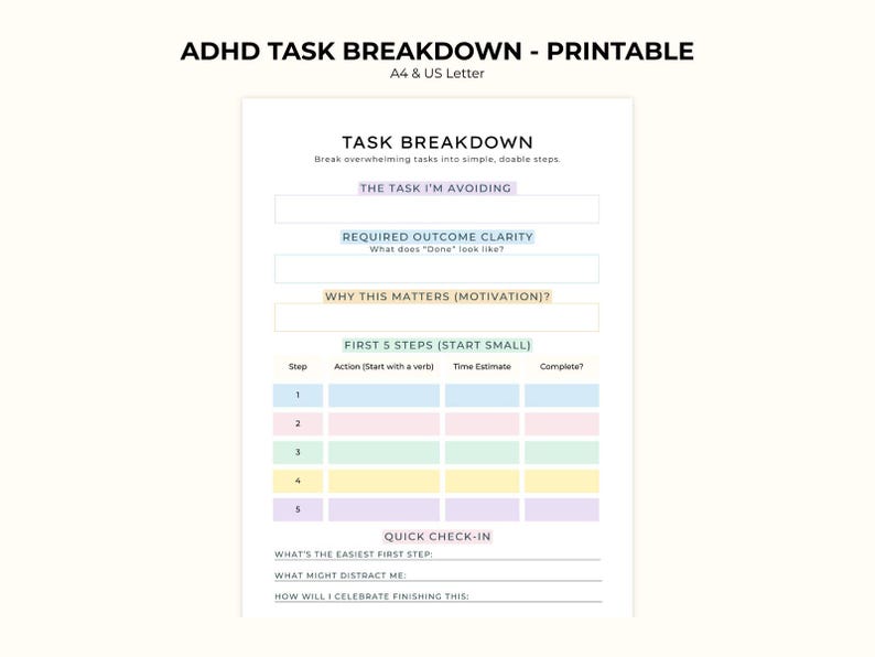 ADHD Task Breakdown Worksheet Printable, Executive Dysfunction Help ...