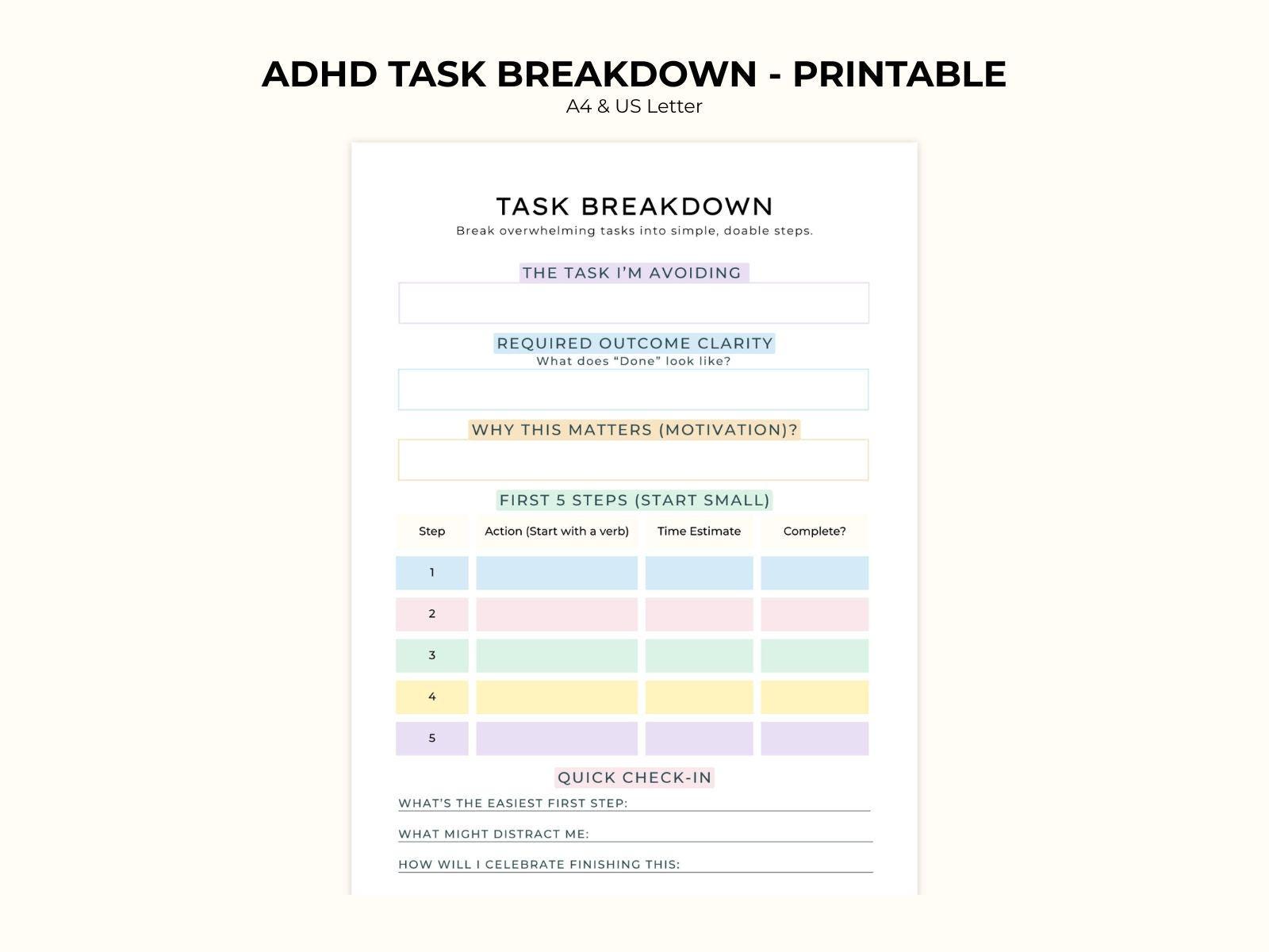 ADHD Task Breakdown Worksheet Printable, Executive Dysfunction Help ...