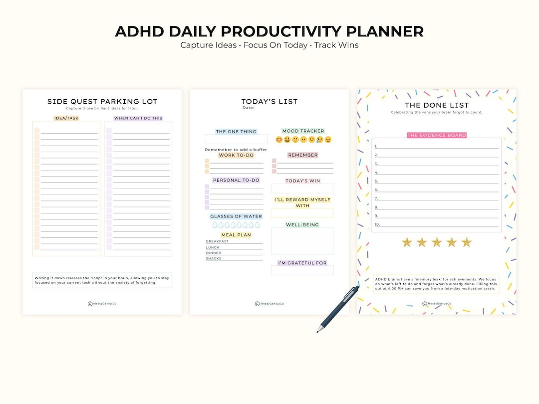 ADHD Daily Productivity Planner Printable | Colourful Planner for ...