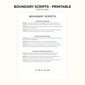 May include: Printable "Boundary Scripts" document in A4 and US Letter sizes. The document features scripts for saying no to social events, buying time for tasks, and managing personal requests. The text is in black font on a white background.