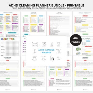 Puede incluir: Paquete imprimible de planificador de limpieza para TDAH. Incluye listas de verificación por habitación, diarias, semanales, mensuales y estacionales, juegos y recompensas. El planificador tiene más de 40 páginas y un diseño colorido.