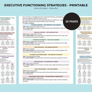 May include: A ten-page printable document titled Executive Functioning Strategies, featuring colorful sections on cognitive flexibility, emotional regulation, impulse control, and organization. The text outlines management roles for the mind, including the keeper of the agenda, the pause button, the ignition switch, the project manager, and the time keeper, presented in a clear, structured layout.