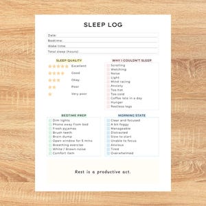 Può includere: Un foglio bianco per il registro del sonno con sezioni per data, ora di andare a letto e qualità del sonno. Include liste di controllo per la preparazione alla nanna e lo stato del mattino. Il testo "Rest is a productive act" è in basso.