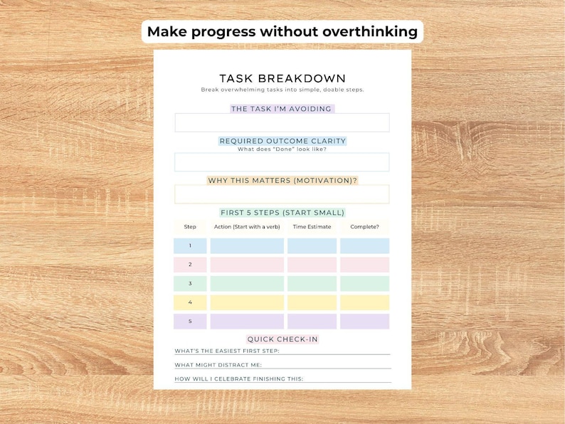 ADHD Task Breakdown Worksheet Printable, Executive Dysfunction Help ...
