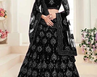 Black Velvet Bridal Lehenga Choli Set, Sequins Embroidery, Net Dupatta