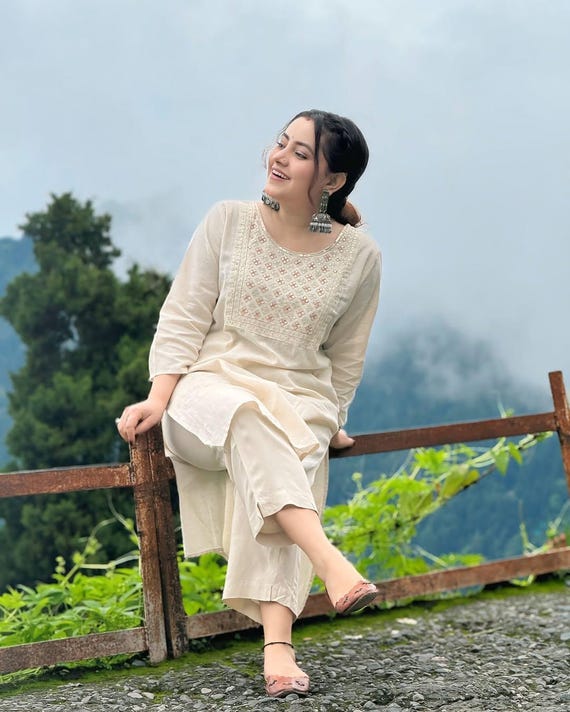 Hand Embroidered Cotton Kurta Set, Boho Indian Outfit