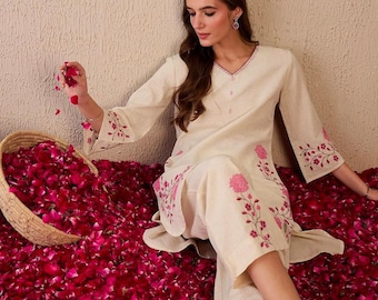 Beige Floral Cotton Kurti Pant Set, Elegant Indian Ethnic Co-Ord Outfit