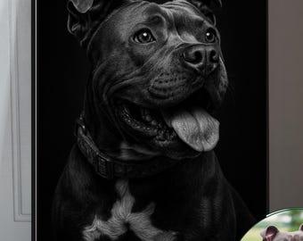 May include: Black and white portrait of a dog with a collar, set against a black background. The image is framed and displayed near a door. A smaller, color image of the dog is in the lower right corner. The text "24 HOURS" is in the upper left corner.