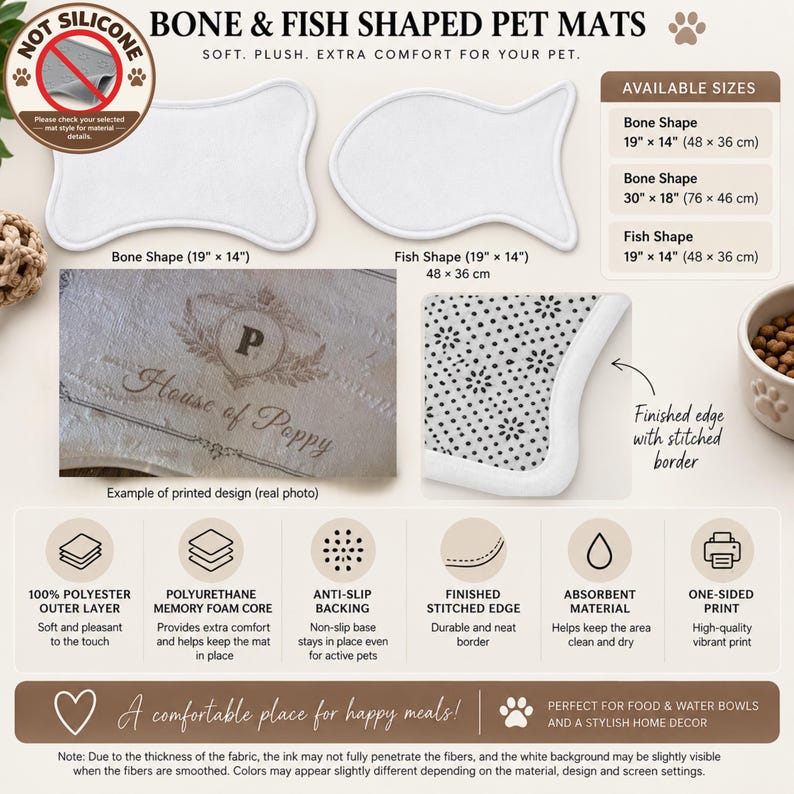 May include: Bone and fish shaped pet mats with a white polyester top and anti-slip backing. Features include a polyurethane memory foam core, finished stitched edges, and one-sided printing. Available in 19 by 14 inches and 30 by 18 inches sizes.