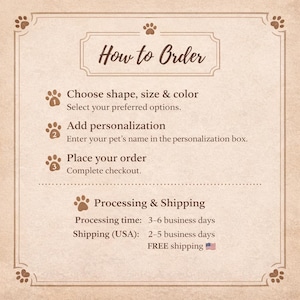 May include: A beige informational graphic with a brown border and paw print accents. The text reads: How to Order, 1. Choose shape, size & color, 2. Add personalization, 3. Place your order. It also includes a section for Processing & Shipping details.