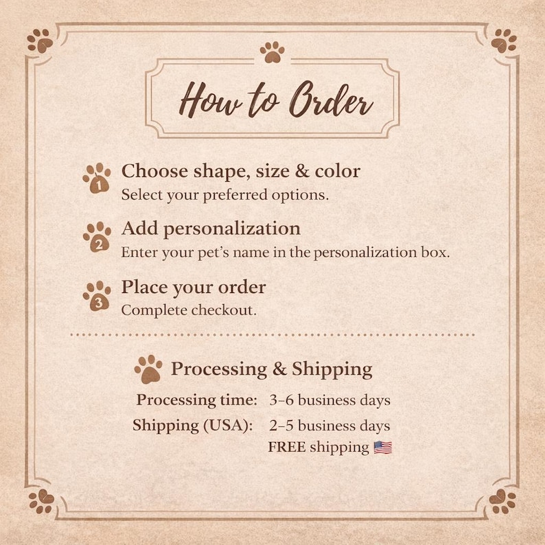 May include: A beige informational graphic with a brown border and paw print accents. The text reads: How to Order, 1. Choose shape, size & color, 2. Add personalization, 3. Place your order. It also includes a section for Processing & Shipping details.