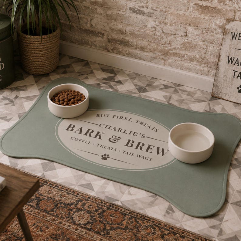 May include: A sage green pet feeding mat with a bone-shaped outline and a central oval graphic. The text reads: BUT FIRST, TREATS, CHARLIE'S, BARK & BREW, COFFEE, TREATS, TAIL WAGS. Two white ceramic bowls sit on the mat, one filled with brown kibble.