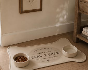 Custom Dog Feeding Mat with Name, Personalized Pet Bowl Mat, Waterproof Dog Placemat, Dog Food Station Mat, Dog Lover Gift, Bark & Brew