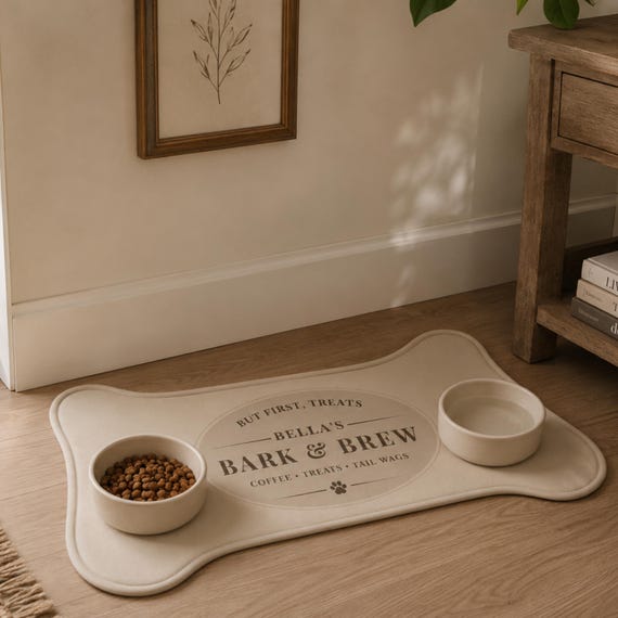 Custom Dog Feeding Mat with Name, Personalized Pet Bowl Mat, Waterproof Dog Placemat, Dog Food Station Mat, Dog Lover Gift, Bark & Brew