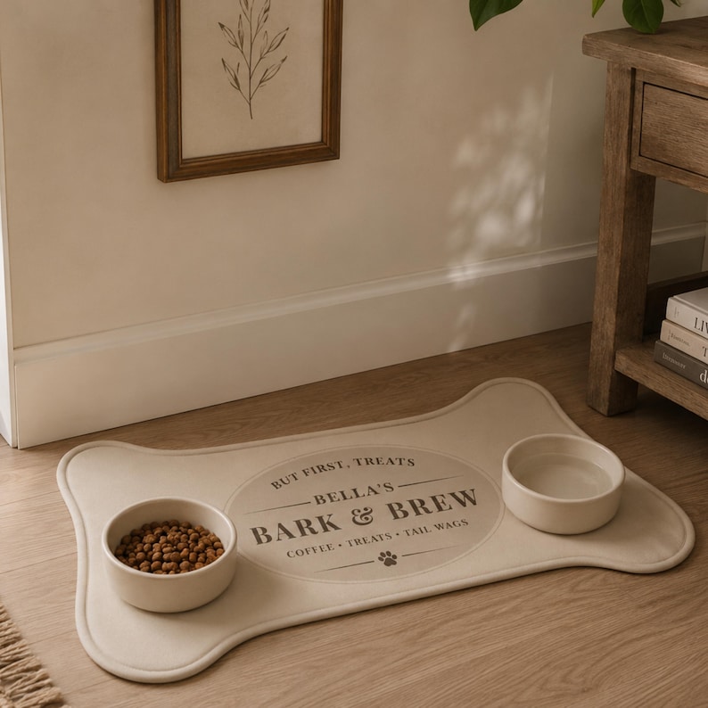 May include: A bone-shaped beige pet feeding mat with two round off-white bowls. The mat features a central oval design with the text "BUT FIRST, TREATS", "BELLA'S", "BARK & BREW", "COFFEE &bull; TREATS &bull; TAIL WAGS" and a small paw print icon.
