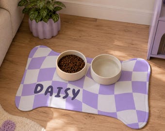 Personalized Pet Feeding Mat, Custom Dog Bowl Mat, Checkerboard Pet Mat, Waterproof Food Mat, Dog Food Station, Custom Pet Name Mat
