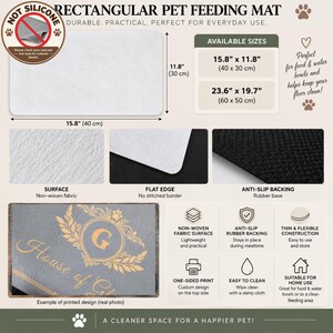May include: A rectangular pet feeding mat with a non-woven fabric surface and an anti-slip rubber backing. Available in 15.8 by 11.8 inches and 23.6 by 19.7 inches. The mat features a flat edge, one-sided print, and a thin, flexible construction.