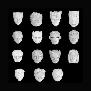 May include: Sixteen white superhero and villain masks, including Batman, Captain America, and Spider-Man, are arranged in a grid against a black background. The masks are detailed and sculpted, showcasing various character designs.