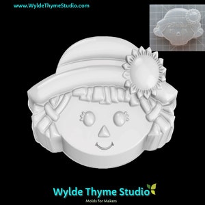 May include: White plastic mold of a scarecrow face with a hat and a flower. The mold is designed for making crafts.