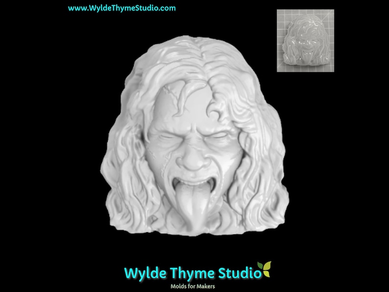 May include: White silicone mold of a screaming face with long hair. The mold is designed for making soap, candles, or other crafts.
