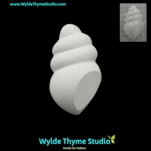 May include: A white seashell mold with a spiral design, perfect for crafting. The image also includes a smaller, transparent version of the mold. The website address www.WyldeThymeStudio.com is visible at the top of the image.