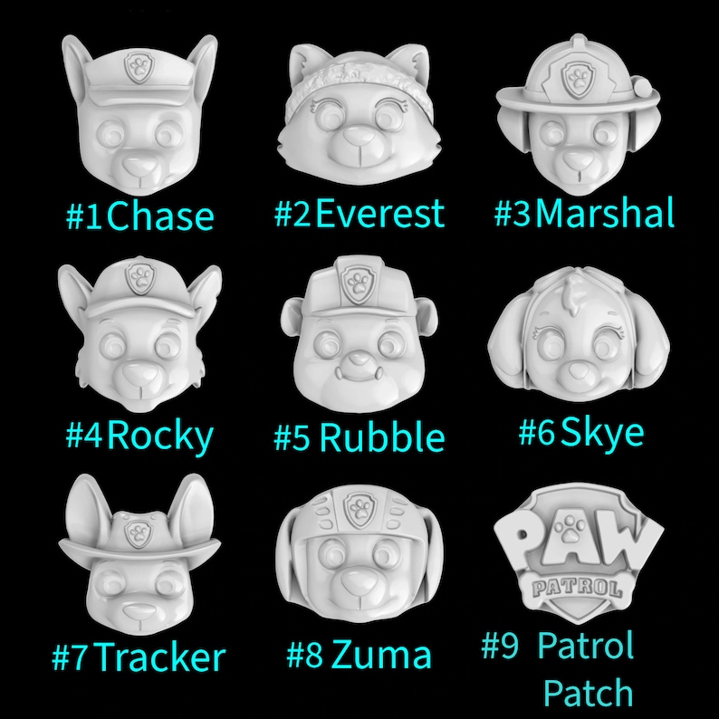 May include: Nine white Paw Patrol character heads, including Chase, Everest, Marshal, Rocky, Rubble, Skye, Tracker, Zuma, and the Paw Patrol logo. Each character has a unique design and expression.
