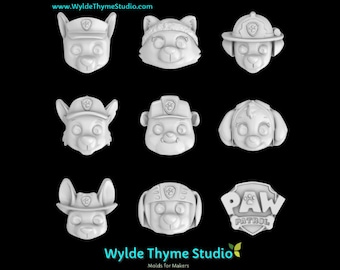 May include: A set of 9 white 3D printed silicone molds featuring characters from the cartoon show Paw Patrol. The molds are shaped like the heads of the characters, including Chase, Marshall, Skye, Rocky, Rubble, Zuma, Everest, Tracker, and the Paw Patrol logo.
