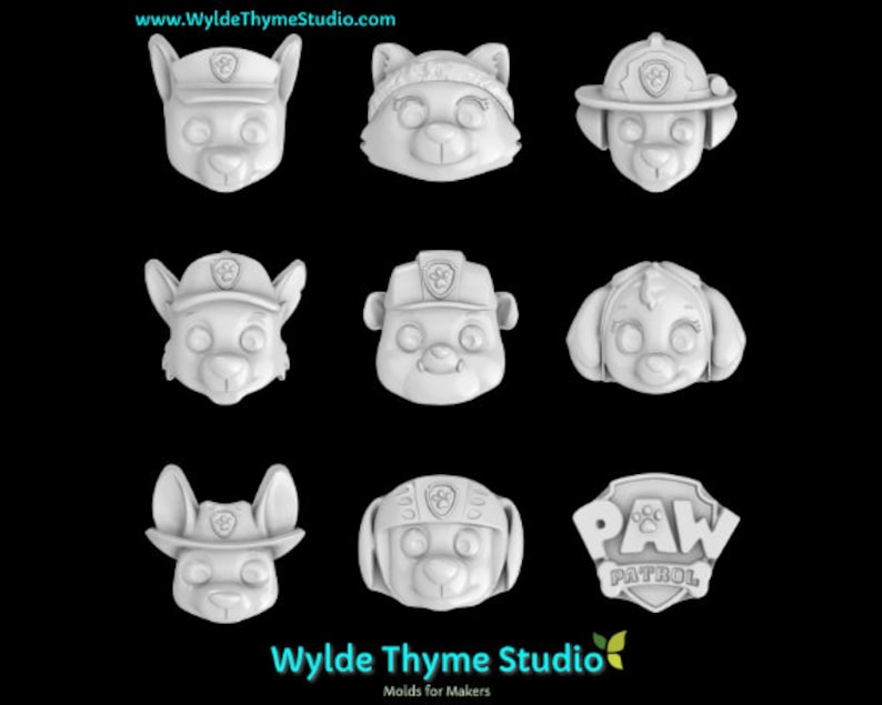 May include: A set of 9 white 3D printed silicone molds featuring characters from the cartoon show Paw Patrol. The molds are shaped like the heads of the characters, including Chase, Marshall, Skye, Rocky, Rubble, Zuma, Everest, Tracker, and the Paw Patrol logo.