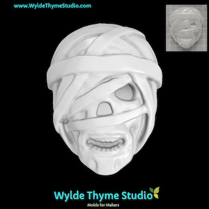 May include: White plastic mold of a mummy face. The mold is designed to create a 3D mummy face.