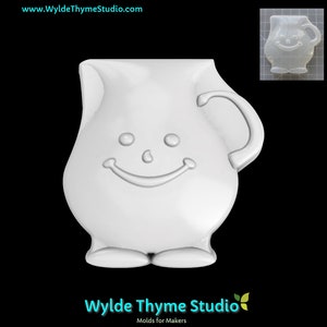 May include: White plastic mold of a smiling pitcher with a handle. The mold is designed for making soap, candles, or other crafts.