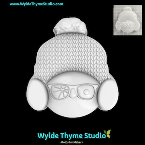 May include: White plastic mold of a person wearing a knit hat and glasses. The mold is designed for making soap, candles, or other crafts.