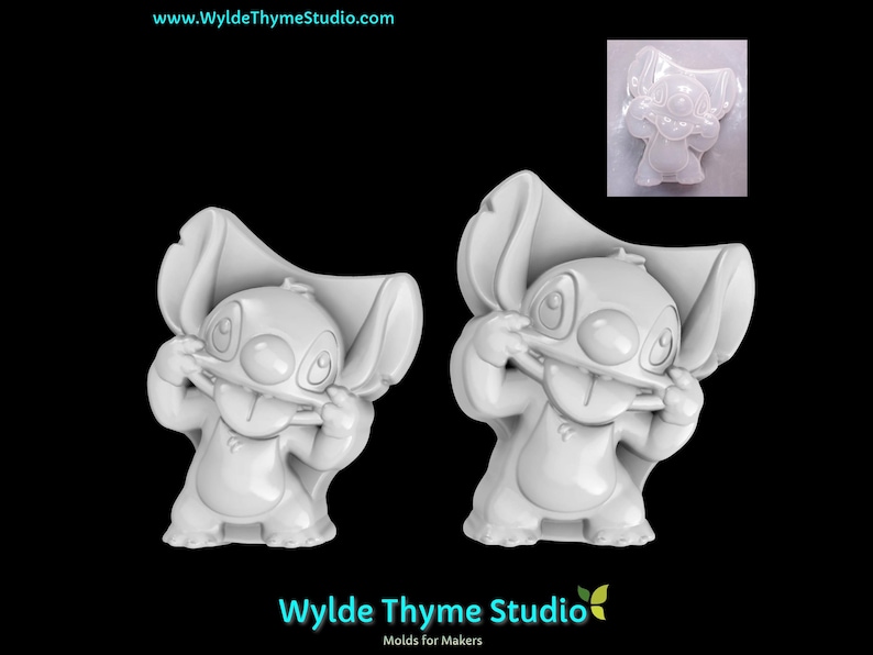 May include: Two white Stitch figurines, one in the upper right corner, and two larger ones in the center. The figurines are in a playful pose, pulling at their mouths. The text "Wylde Thyme Studio" and website address are at the top and bottom.