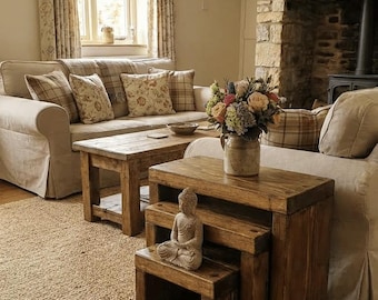Rustic Handmade Chunky Wooden Nest of Tables