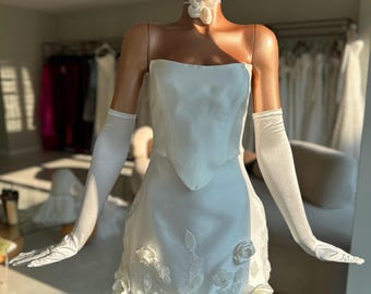Handmade 4-Piece Bridal After-Party Set – Bustier Top, Floral Embroidered Mini Skirt, Long Satin Gloves & Flower Choker