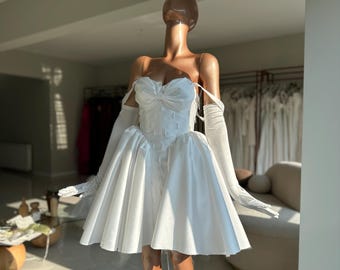 Handmade Sateen Corset Mini Dress – Spaghetti Strap After-Party Bridal Dress with Pearl Embellished Bodice & Long Gloves