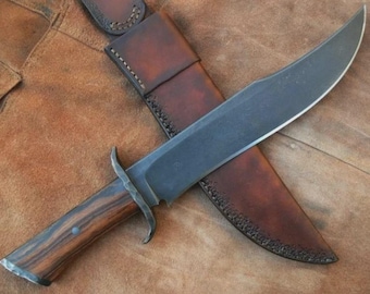 handmade carbon steel blade hunting bowie knife featuring a wooden handle and sheath