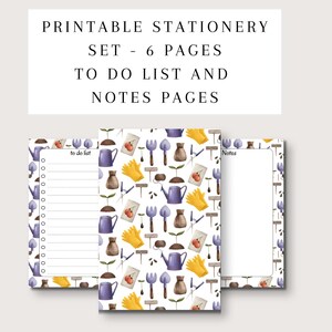 May include: Printable stationery set with six pages, including to-do list and notes pages. The pages feature a gardening theme with illustrations of watering cans, gardening tools, gloves, and seed packets. The text at the top reads: PRINTABLE STATIONERY SET - 6 PAGES TO DO LIST AND NOTES PAGES.