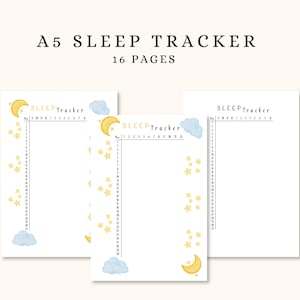 May include: A5 sleep tracker with 16 pages. The design features a white background with a yellow crescent moon, stars, and a blue cloud. The text "SLEEP Tracker" is at the top of each page, with a grid for tracking sleep patterns.