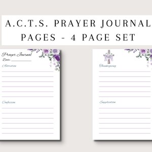 Puede incluir: Un conjunto de cuatro páginas de diario de oración con espacios con líneas. Las páginas son blancas con detalles florales morados y el texto "A.C.T.S. Prayer Journal Pages - 4 Page Set."