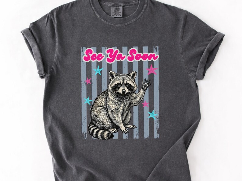 Peut inclure: T-shirt gris fonc&eacute; avec une illustration de raton laveur faisant un signe de la main et le texte "See Ya Soon". Le motif comprend des &eacute;toiles bleues et roses et des rayures verticales. Le t-shirt a des manches retrouss&eacute;es.