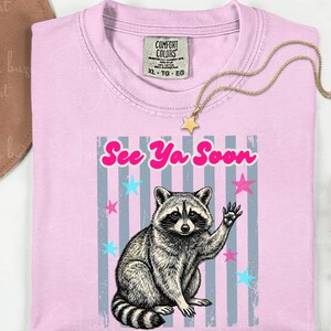 Peut inclure: T-shirt rose clair avec un dessin de raton laveur qui salue. Le texte "See Ya Soon" est en rose au-dessus du raton laveur. Le motif comprend des &eacute;toiles bleues et roses et des rayures verticales grises. Un collier dor&eacute; avec un pendentif &eacute;toile est sur le t-shirt.