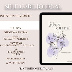 Peut inclure: Un journal de développement personnel numérique sur une tablette. La couverture du journal présente un dessin au trait d'un visage avec des détails floraux et les mots "Self-Care Journal". Le texte supplémentaire comprend "Intentional Growth" et "Moment of Calm."