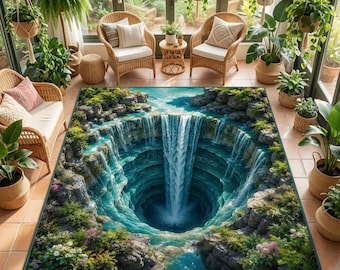 May include: A rectangular area rug featuring a high-resolution 3D print of a deep, circular waterfall cascading into a dark abyss, surrounded by rocky cliffs, lush green vegetation, and small pink flowers, creating an illusion of depth.