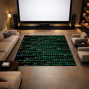 Green Cyber Code Rug, Glitch Style, Gaming Room Decor