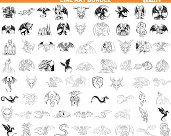 Pakiet Dragon Line Art | Ponad 50 fantastycznych projektów (SVG i PNG).