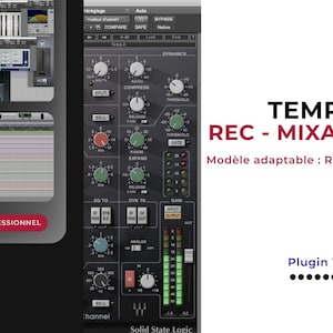 Peut inclure: Une interface de station de travail audio numérique (DAW) avec divers boutons et curseurs, étiquetée "Solid State Logic". Le texte "TEMPLATE REC - MIXAGE VOCAL" est affiché, ainsi que "Plugin 100% Waves."