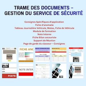 May include: A document layout with the title "TRAME DES DOCUMENTS - GESTION DU SERVICE DE SÉCURITÉ" in blue. The image displays various forms and documents, including "Fiche d'anomalie" and "Note Interne". The documents are for security service management.