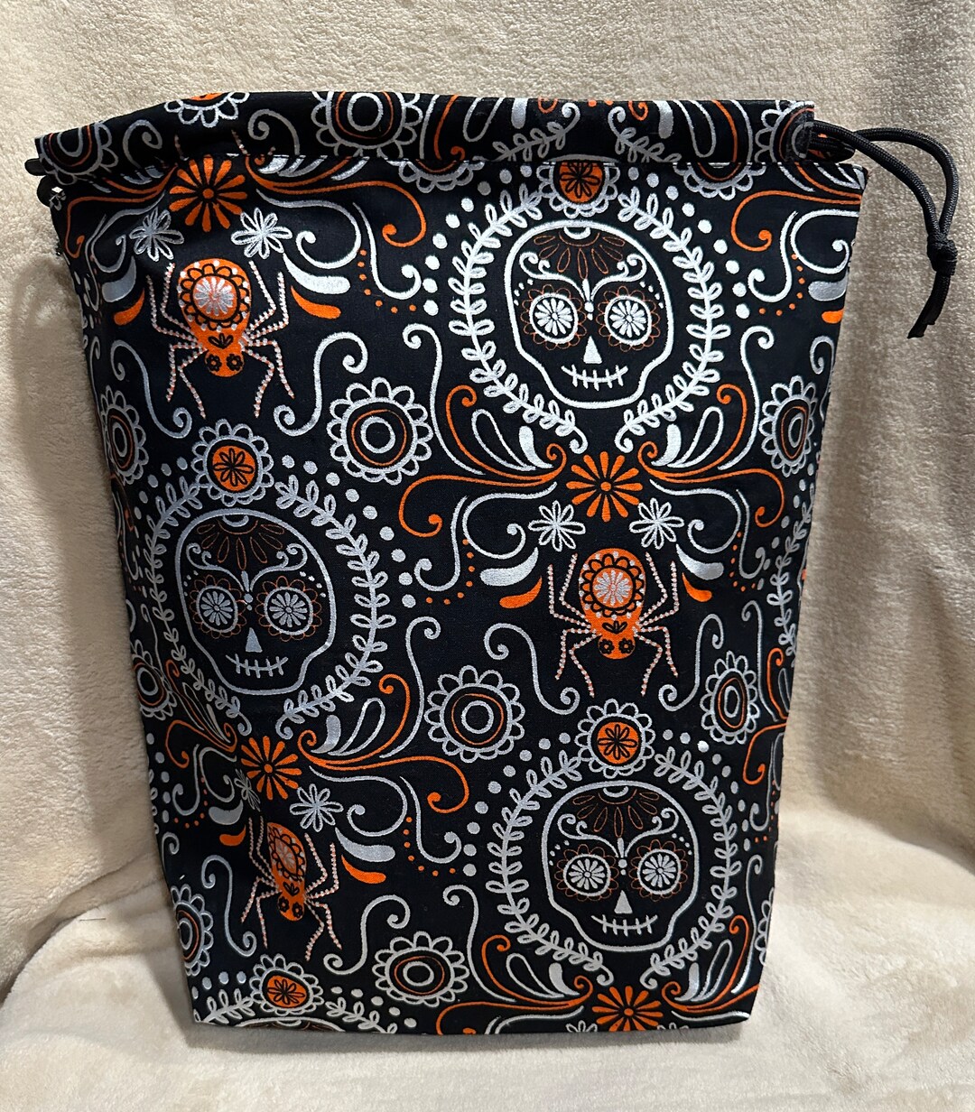 Shimmer Sugar Skulls and Spiders Drawstring Project Bag, Knit/crochet